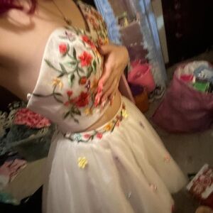 multi color flower two piece prom dress